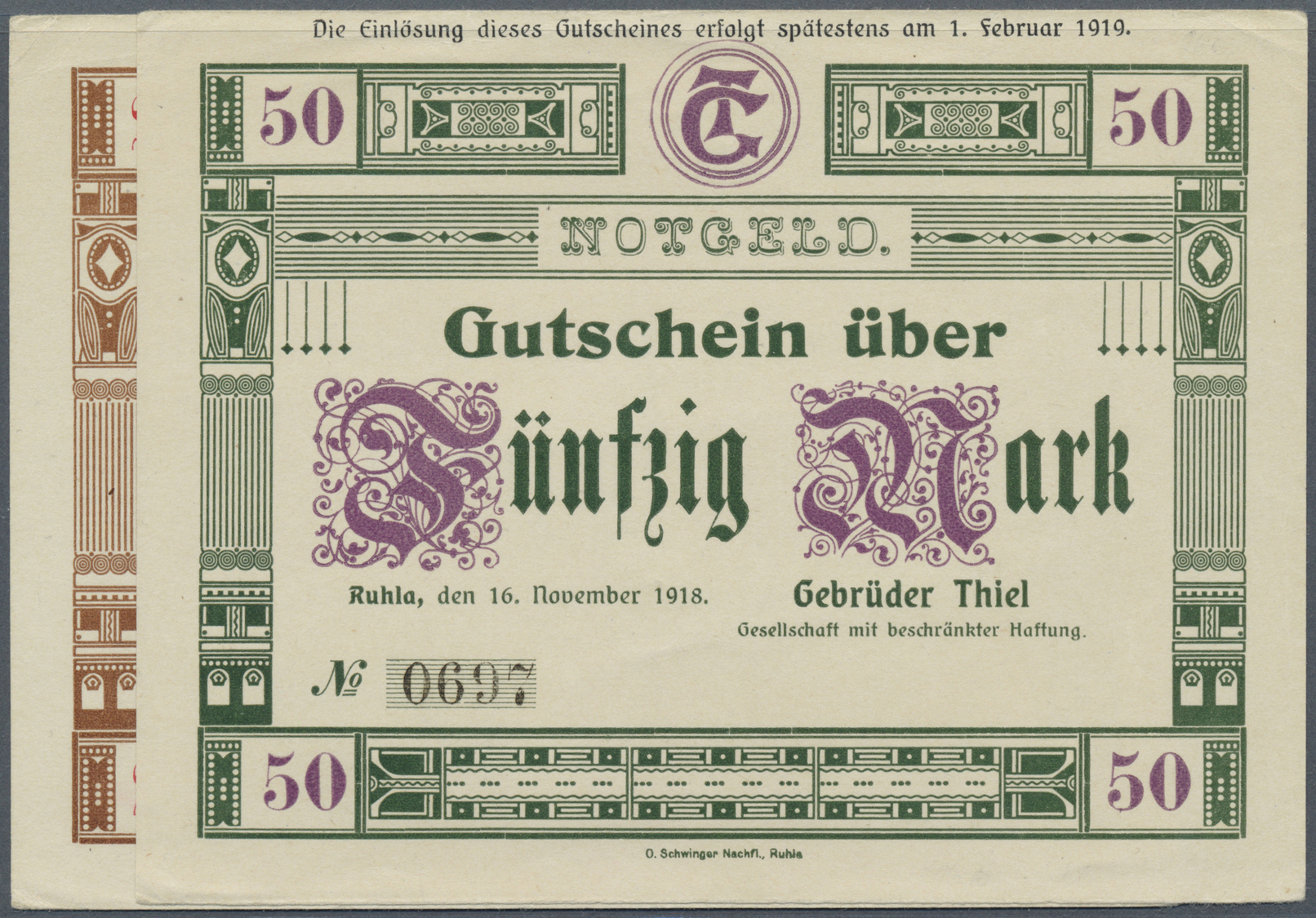 04231 Deutschland - Notgeld - Thüringen: Ruhla, Gebrüder Thiel GmbH, 20, 50 Mark, 16.11.1918 - 1.2.1919 (Einlösungszeile - [11] Emissions Locales