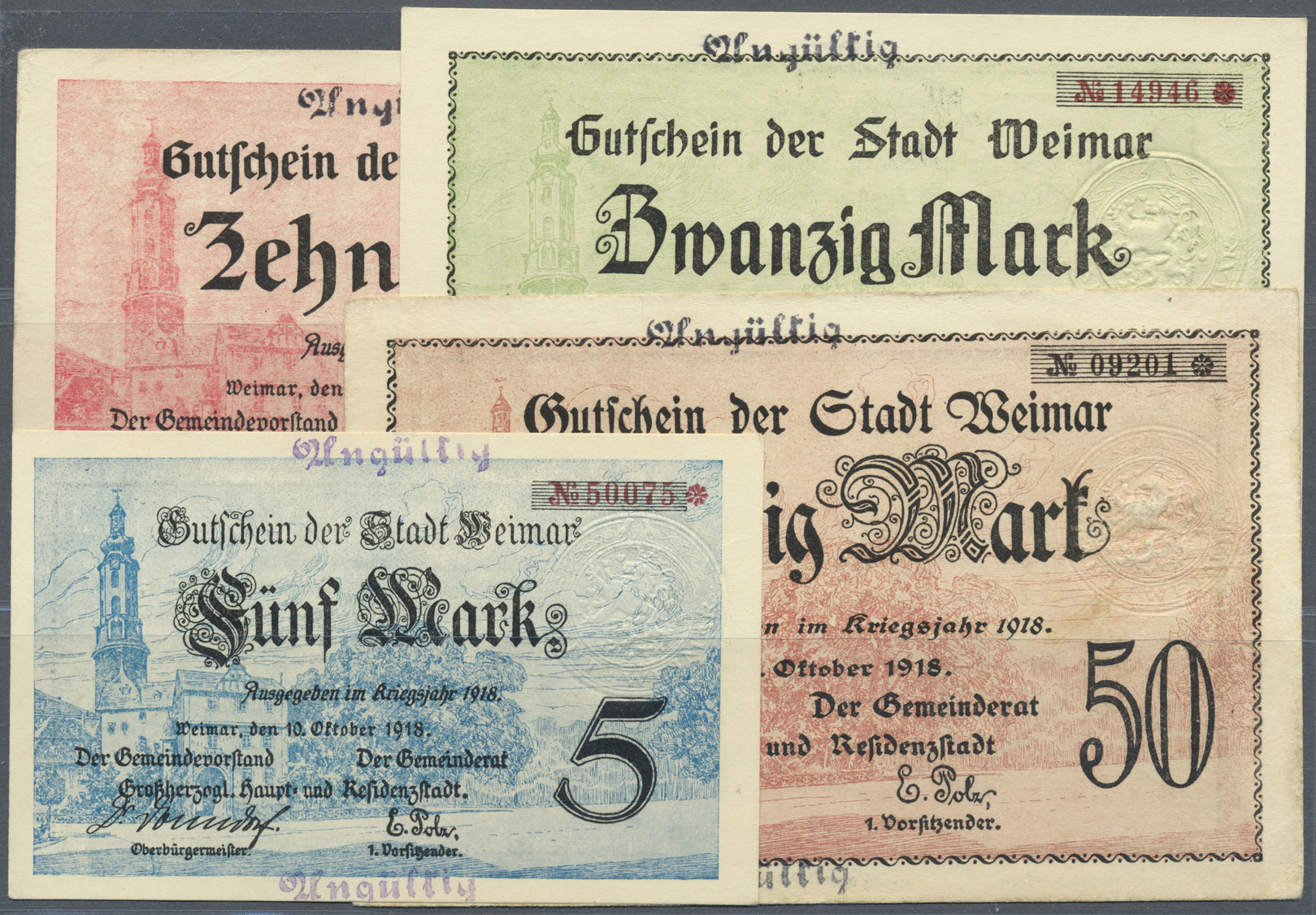 04233 Deutschland - Notgeld - Thüringen: Weimar, Stadt, 5, 10, 20, 50 Mark, 10.10.1918, Je Mit Zwei Stempeln "Ungültig", - [11] Emisiones Locales