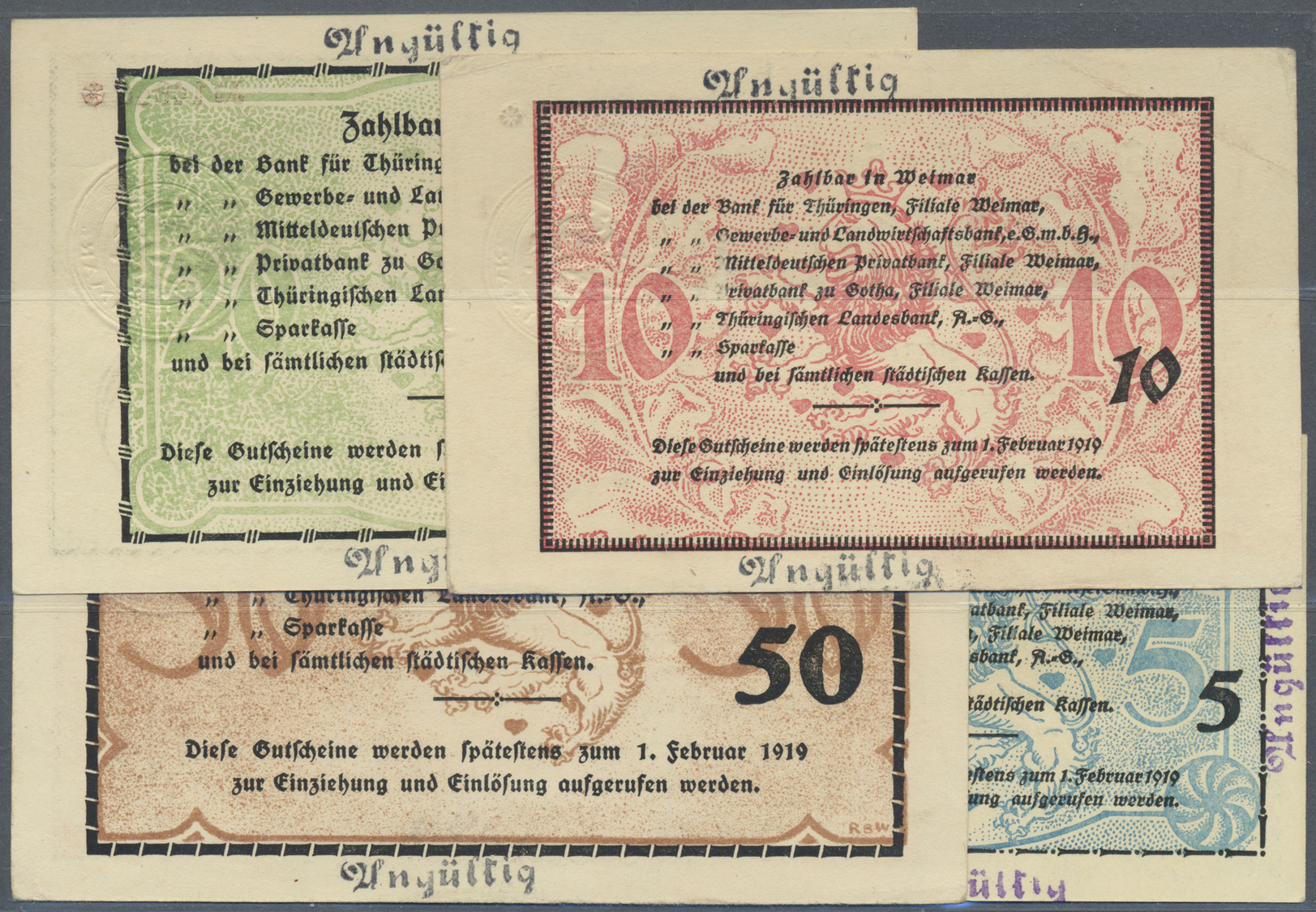 04233 Deutschland - Notgeld - Thüringen: Weimar, Stadt, 5, 10, 20, 50 Mark, 10.10.1918, Je Mit Zwei Stempeln "Ungültig", - [11] Emisiones Locales
