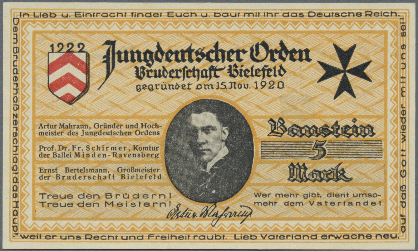 04235 Deutschland - Notgeld - Westfalen: Bielefeld, Jungdeutscher Orden, Bruderschaft Bielefeld, 5 Mark, O. D., Baustein - Autres & Non Classés