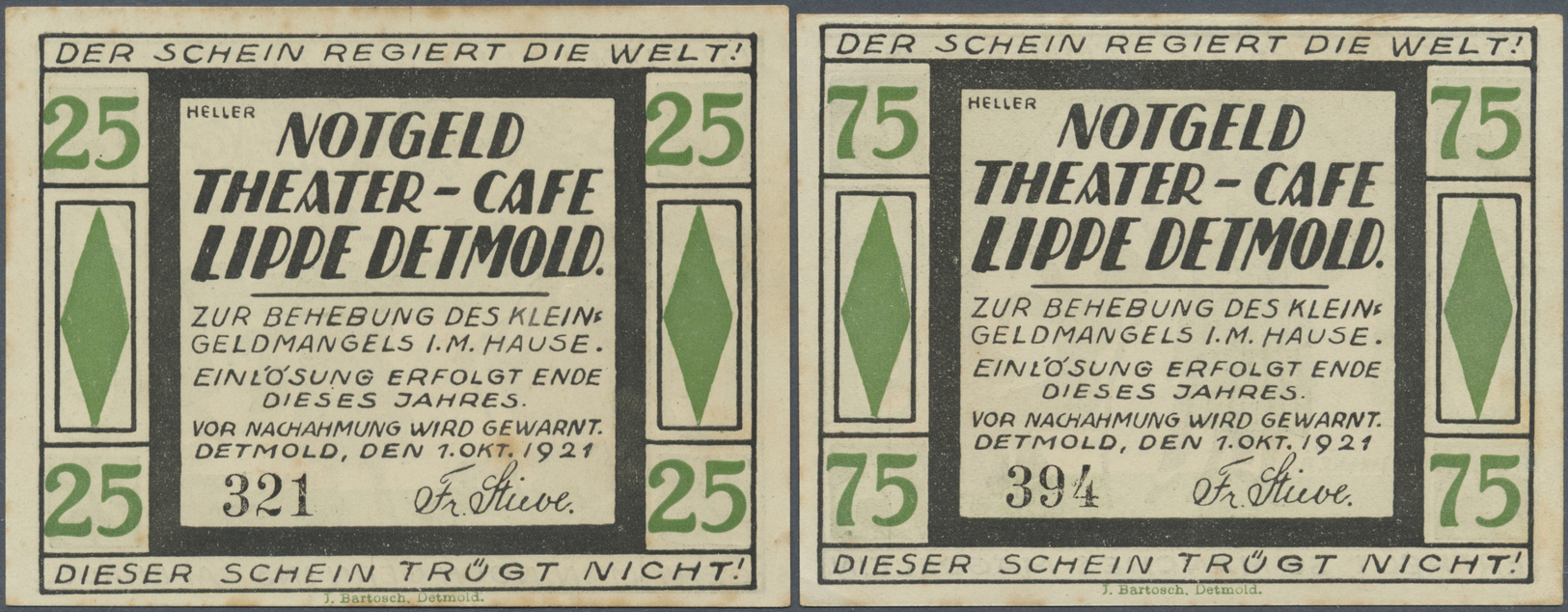 04236 Deutschland - Notgeld - Westfalen: Detmold, Theater-Café, 25, 75 Pf., 1.10.1921, Leicht Stockfleckig, Erh. II, Tot - Autres & Non Classés