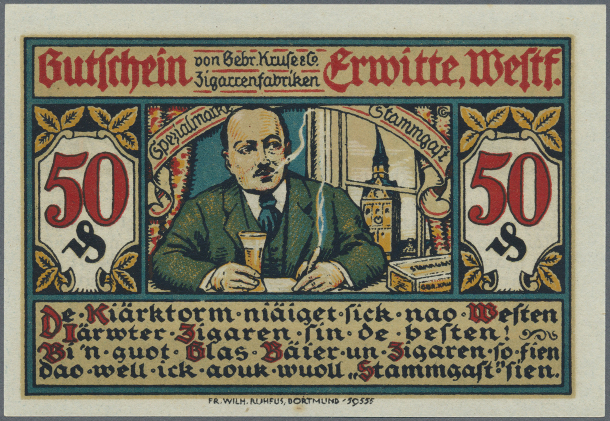 04238 Deutschland - Notgeld - Westfalen: Erwitte, Gebr. Kruse Zigarrenfabriken, 50 Pf., O. D., Erh. I - Autres & Non Classés