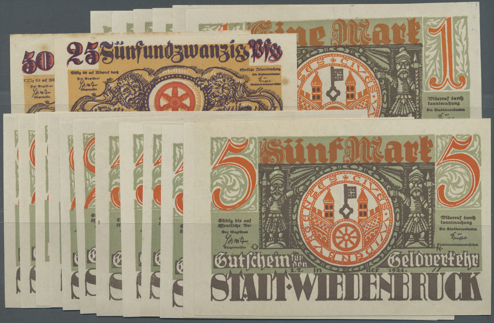 04256 Deutschland - Notgeld - Westfalen: Wiedenbrück, Stadt, 25, 50 Pf., 6 X 1, 6 X 2, 6 X 5 Mark, 1.7.1921, Erh. I, I-, - Autres & Non Classés