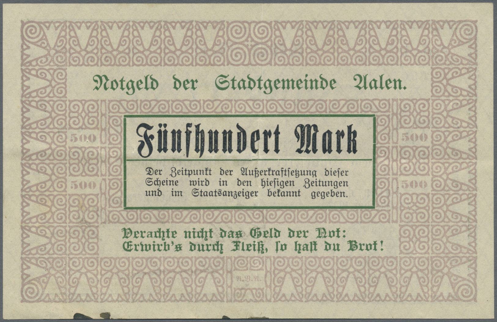 04257 Deutschland - Notgeld - Württemberg: Aalen, Stadt, 500 Mark, 20.10.1922, Erh. II - [11] Emissions Locales