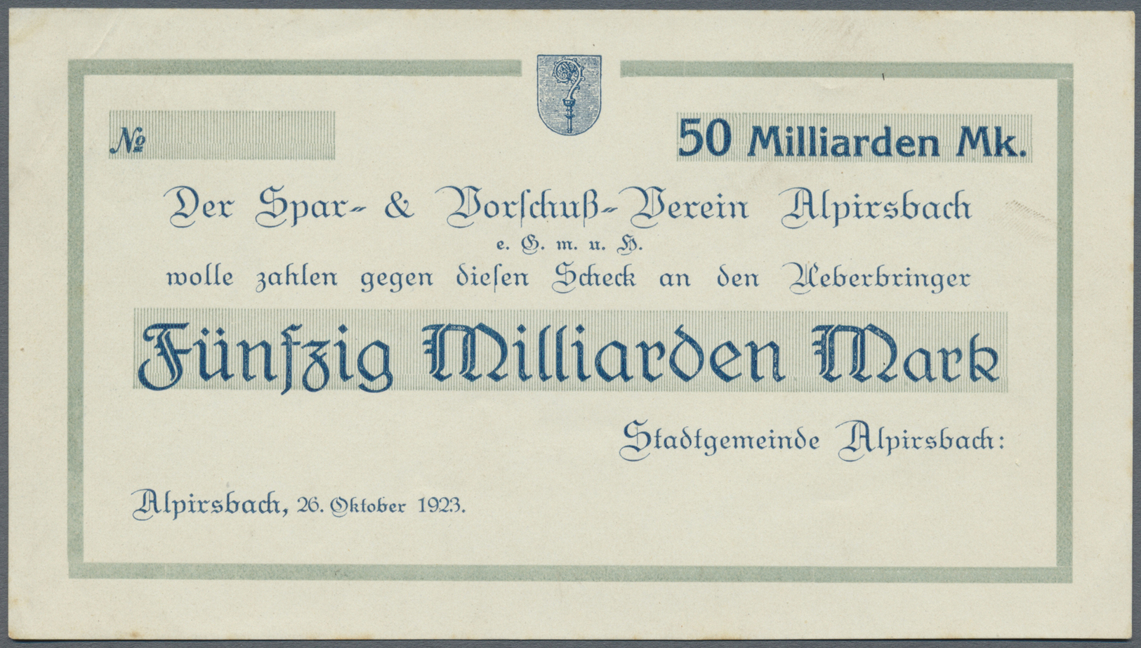 04258 Deutschland - Notgeld - Württemberg: Alpirsbach, Stadtgemeinde, 50 Mrd. Mark, 26.10.1923, Ohne KN Und Unterschrift - [11] Emissions Locales