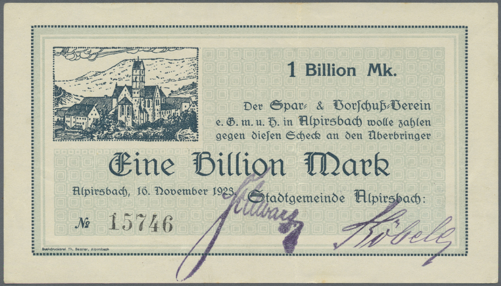 04259 Deutschland - Notgeld - Württemberg: Alpirsbach, Stadtgemeinde, 1 Billion Mark, 16.11.1923, 2 Gestempelte Untersch - [11] Emissions Locales