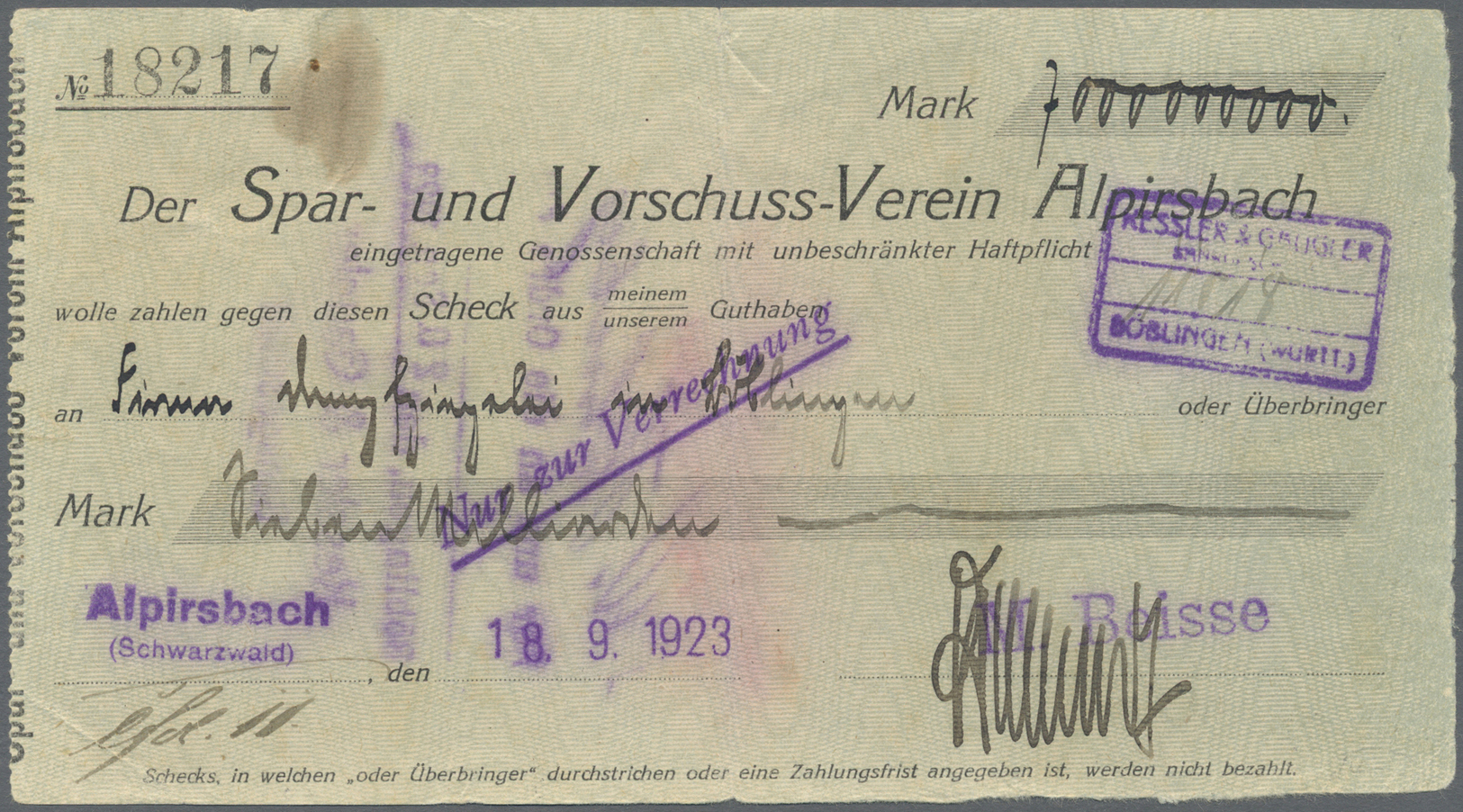 04260 Deutschland - Notgeld - Württemberg: Alpirsbach, M. Beisse, 7 Mrd. Mark, 18.9.1923, Scheck Des Spar- Und Vorschuss - [11] Local Banknote Issues