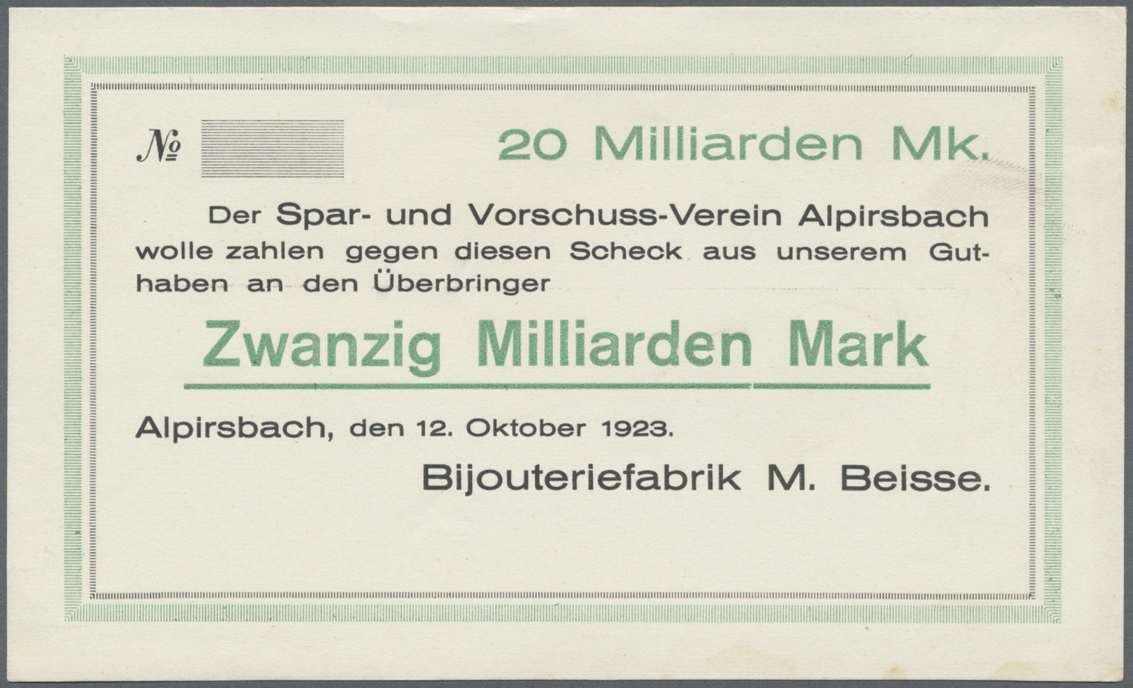 04261 Deutschland - Notgeld - Württemberg: Alpirsbach, Bijouteriefabrik M. Beisse, 20 Mrd. Mark, 12.10.1923, Ohne KN Und - [11] Emissions Locales