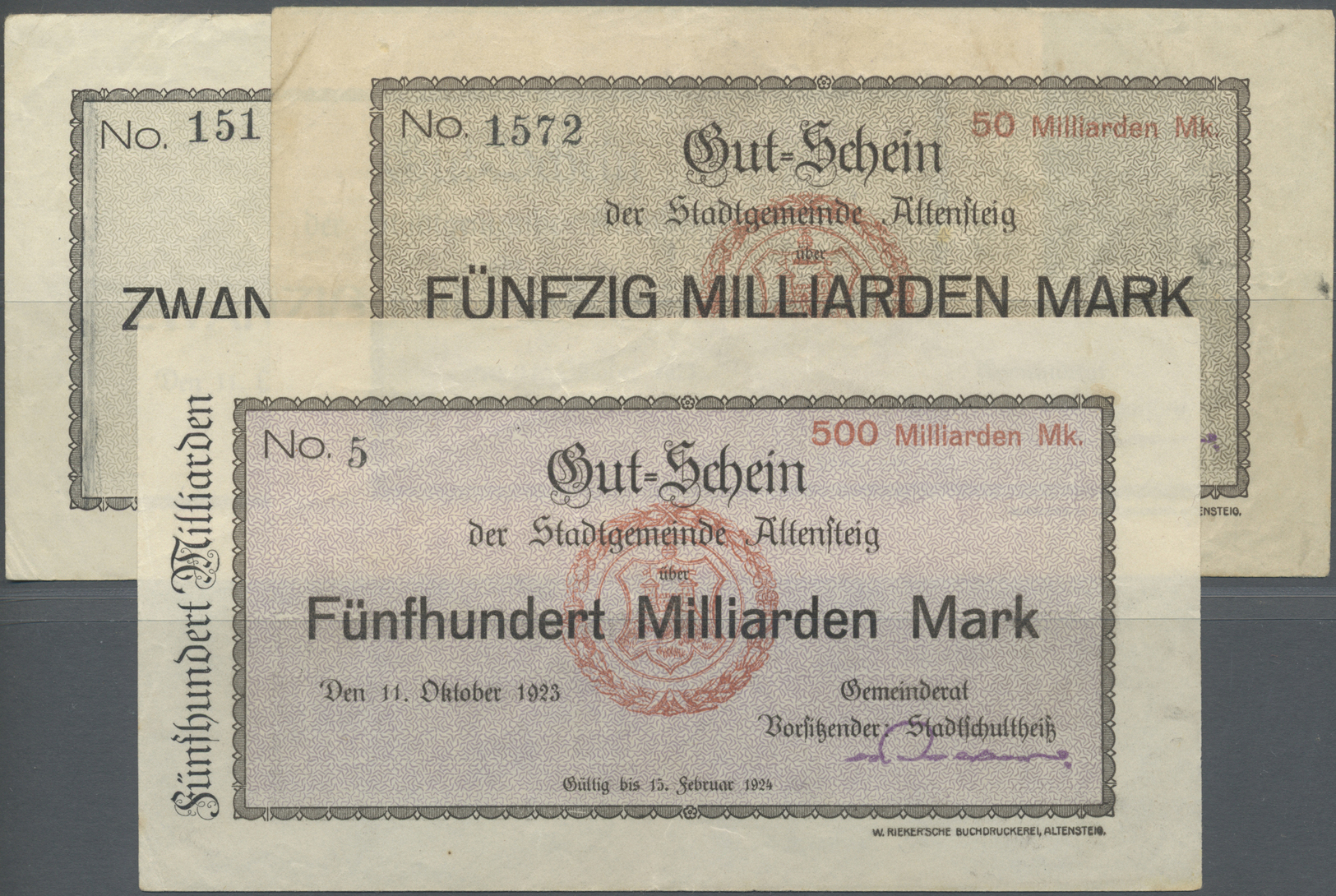 04263 Deutschland - Notgeld - Württemberg: Altensteig, Stadtgemeinde, 20, 50, 500 Mrd. Mark, 11.10.1923, Erh. III (2), I - [11] Emissions Locales