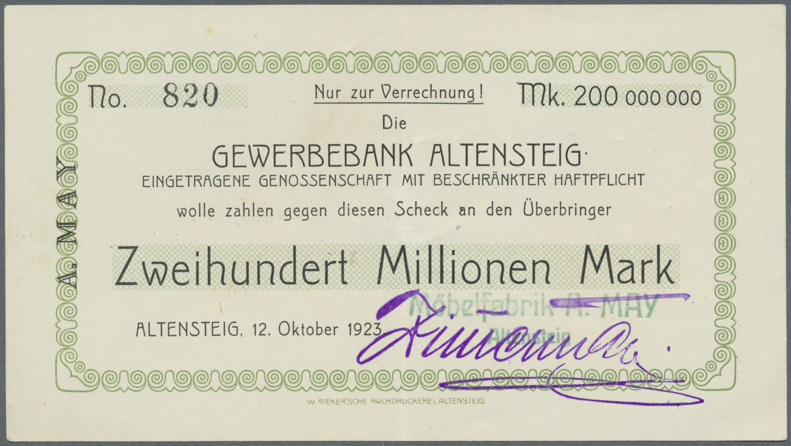 04264 Deutschland - Notgeld - Württemberg: Altensteig, Möbelfabrik A. May, 200 Mio. Mark, 12.10.1923, Nominale Weder Bei - [11] Local Banknote Issues