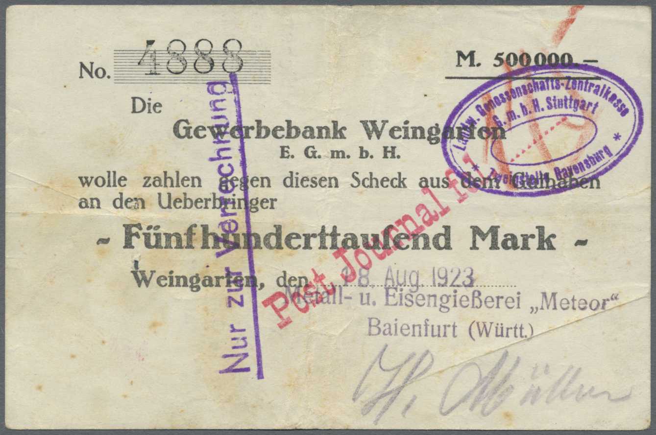 04265 Deutschland - Notgeld - Württemberg: Baienfurt, Metall-und Eisengießerei "Meteor", 300 Tsd. Mark, 21.8.1923 (Datum - [11] Local Banknote Issues
