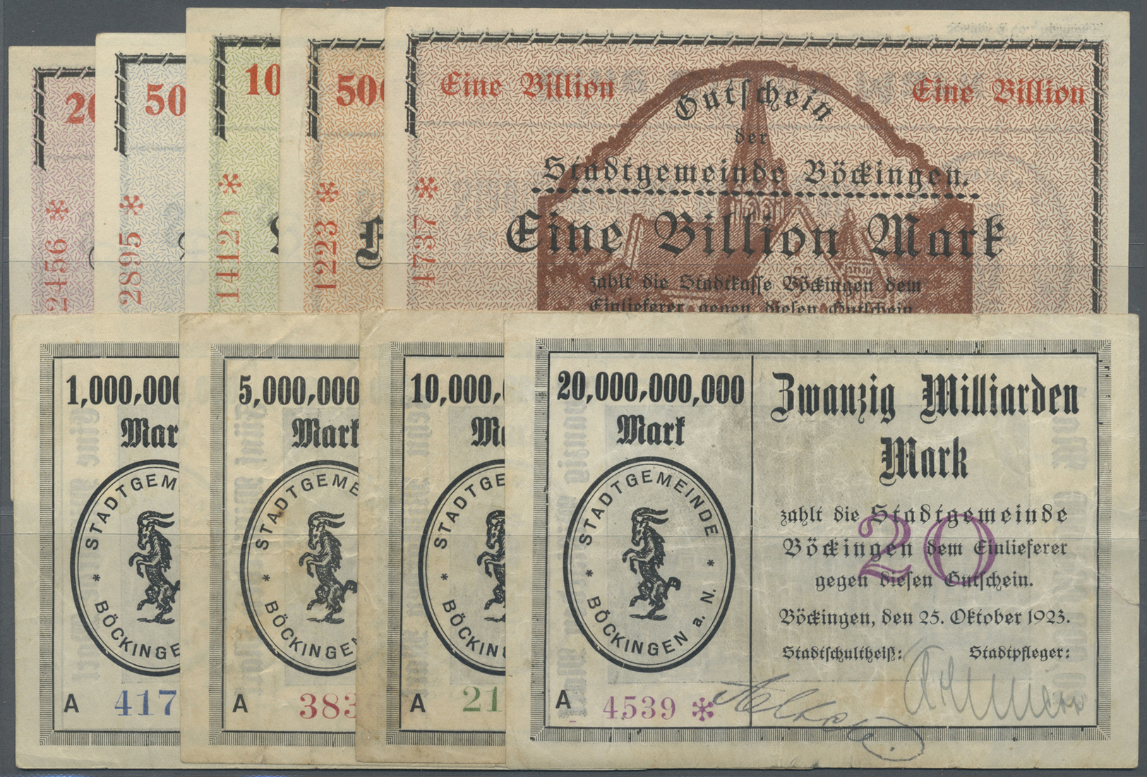 04269 Deutschland - Notgeld - Württemberg: Böckingen, Stadtgemeinde, 1, 5, 10, 20 Mrd. Mark, 25.10.1923, Serie A, Erh. I - [11] Emissions Locales