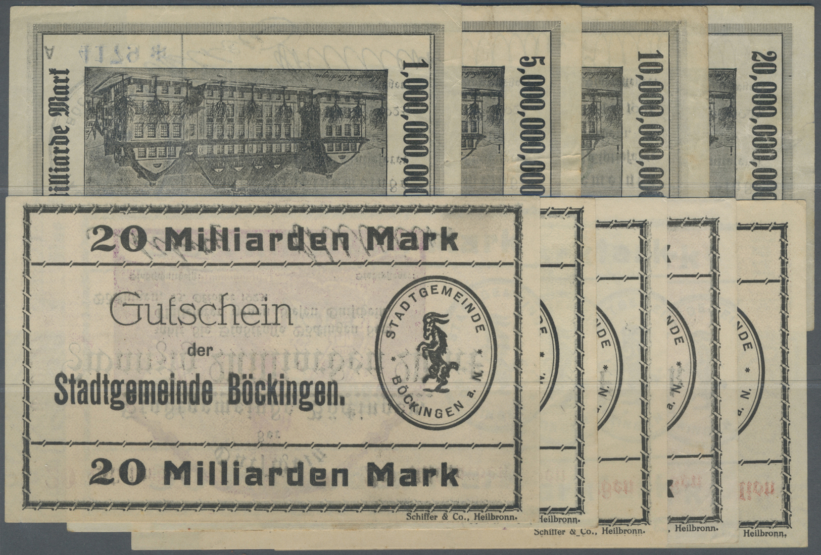 04269 Deutschland - Notgeld - Württemberg: Böckingen, Stadtgemeinde, 1, 5, 10, 20 Mrd. Mark, 25.10.1923, Serie A, Erh. I - [11] Emissions Locales