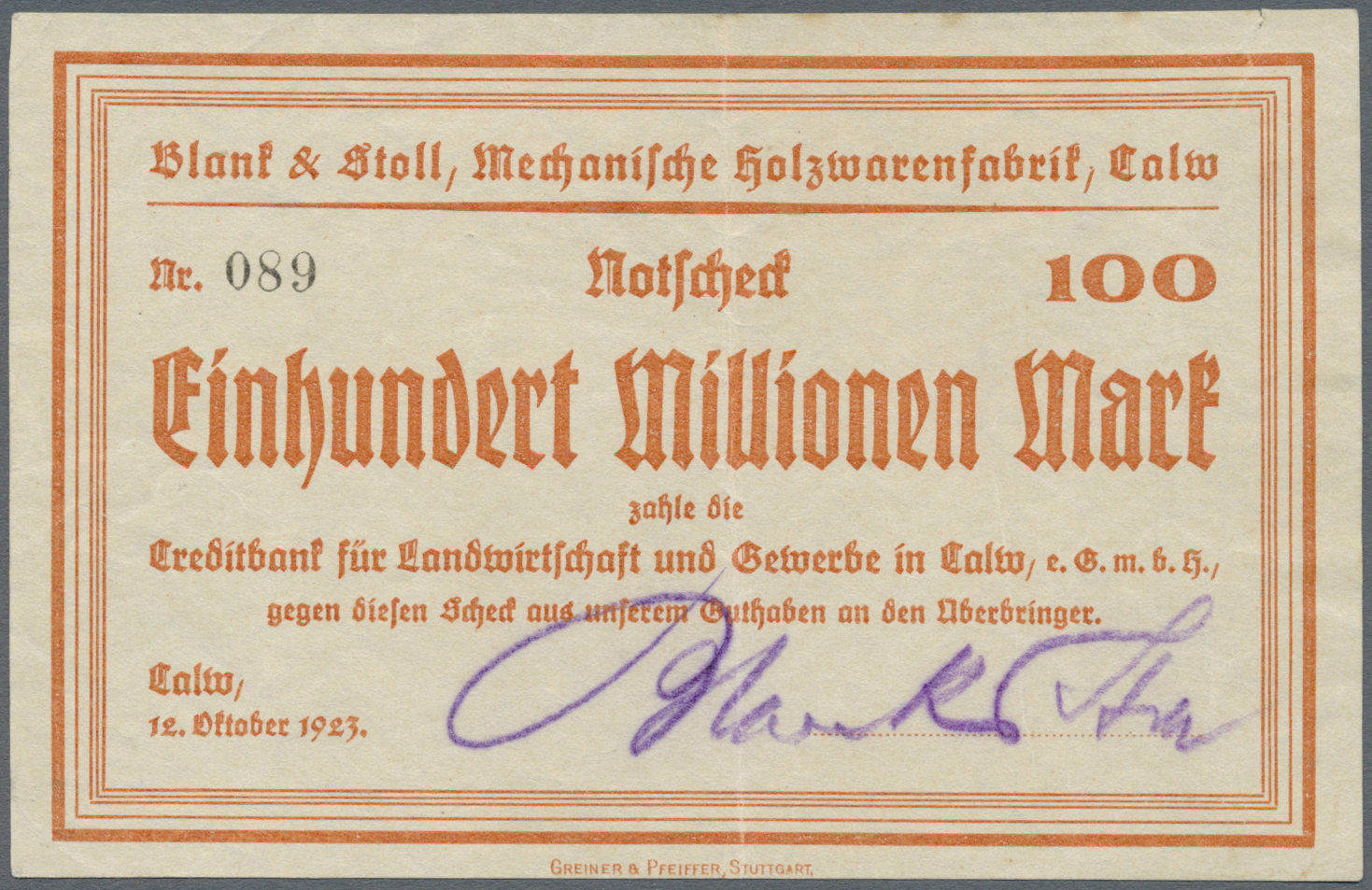 04270 Deutschland - Notgeld - Württemberg: Calw, Blank & Stoll, Mechanische Holzwarenfabrik, 100 Mio. Mark, 12.10.1923, - [11] Emissions Locales