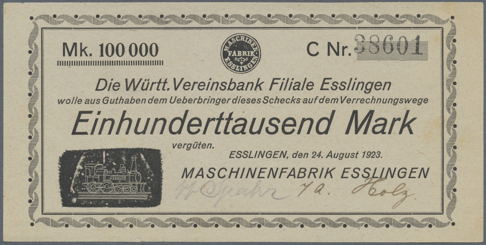 04281 Deutschland - Notgeld - Württemberg: Esslingen, Maschinenfabrik Esslingen, 100 Tsd. Mark, 24.8.1923, Reihe C, Grau - [11] Emissions Locales
