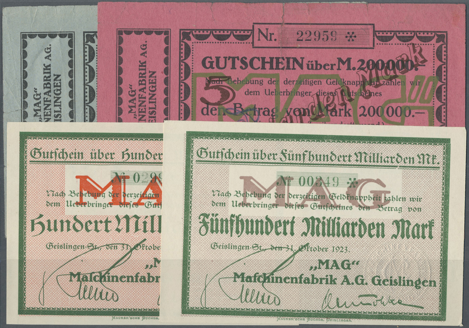 04284 Deutschland - Notgeld - Württemberg: Geislingen, "MAG" Maschinenfabrik, 100 Tsd. Mark, 13.8.1923, Erh. V (rs. Rund - [11] Emissions Locales