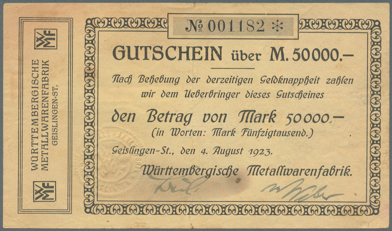 04285 Deutschland - Notgeld - Württemberg: Geislingen, MAG Maschinenfabrik AG, 200 Tsd. Mark, 13.8.1923, Mit KN, Uschr. - [11] Emissions Locales