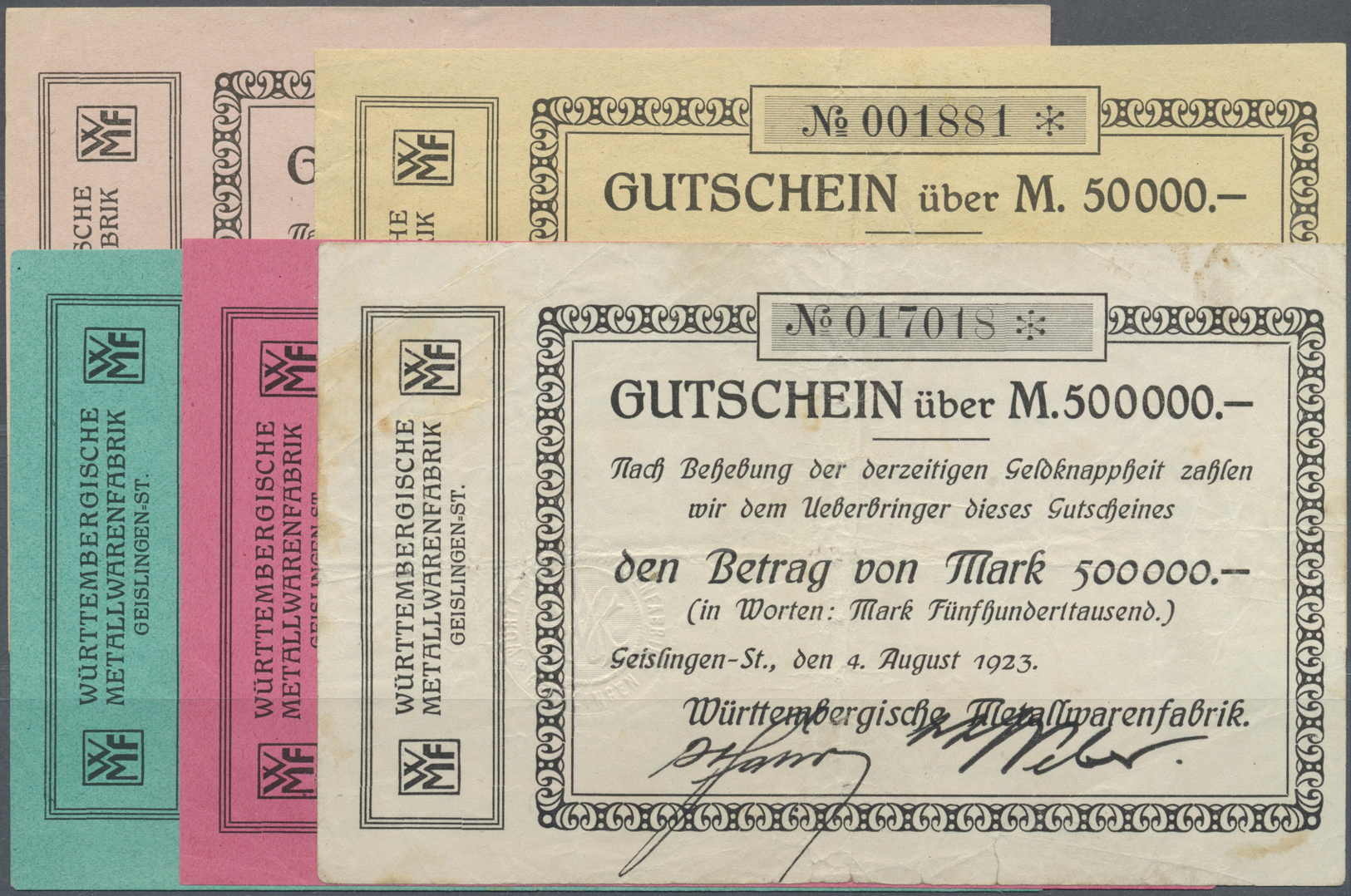 04288 Deutschland - Notgeld - Württemberg: Geislingen, Württembergische Metallwarenfabrik, 50 (Papier Rosa Bzw. Gelb), 1 - [11] Emissions Locales