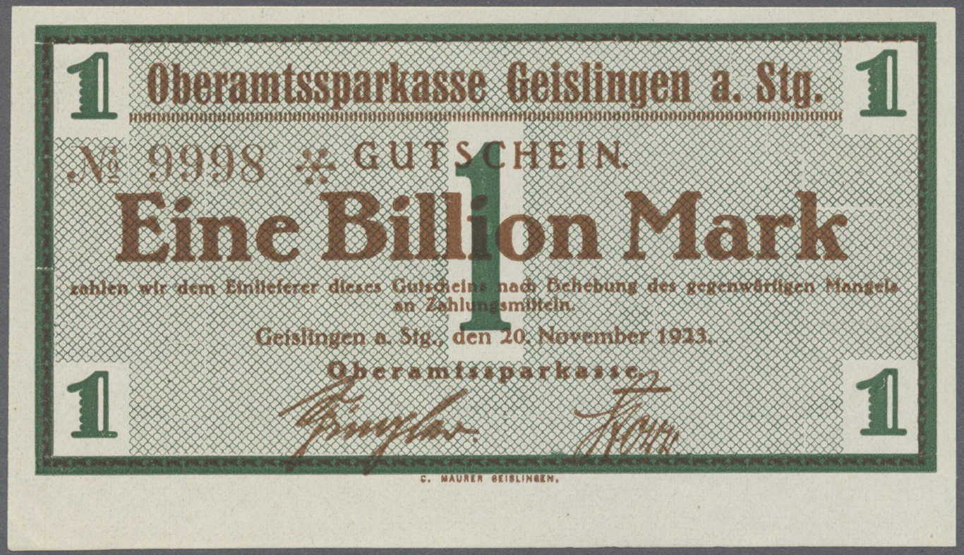 04289 Deutschland - Notgeld - Württemberg: Geislingen, Oberamtssparkasse, 1 Billion Mark, 20.10.1923, Druckfirma "C. MAU - [11] Emissions Locales