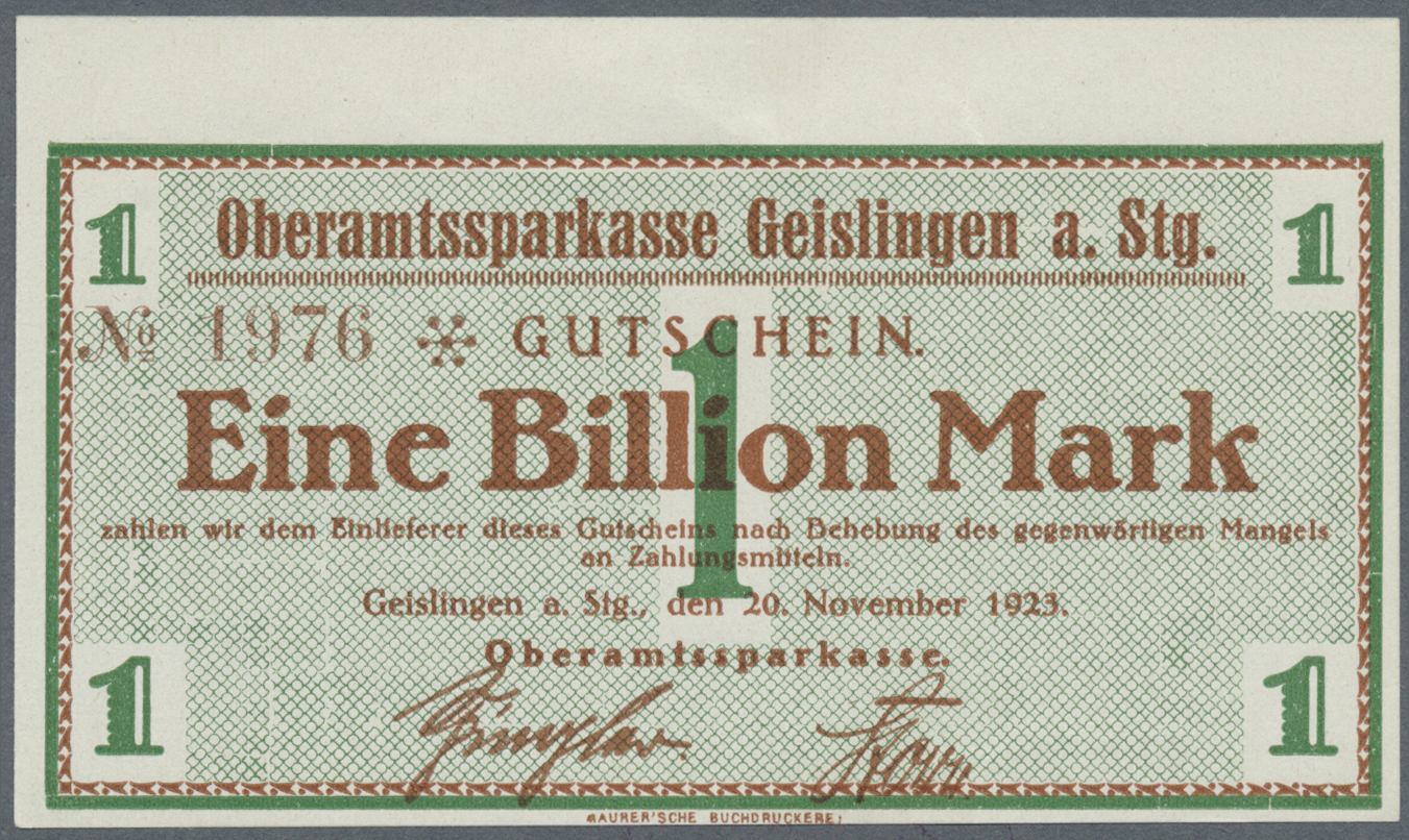 04290 Deutschland - Notgeld - Württemberg: Geislingen, Oberamtssparkasse, 1 Billion Mark, 20.10.1923, Druckfirma "MAURER - [11] Emissions Locales