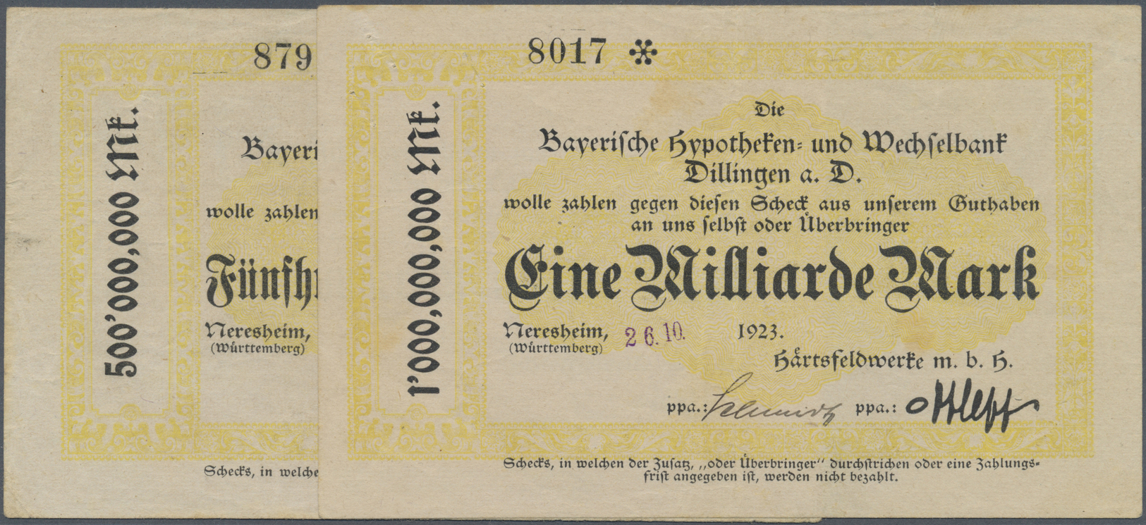 04312 Deutschland - Notgeld - Württemberg: Neresheim, Härtsfeldwerke, 500 Mio., 1 Mrd. Mark, 26.10. (gestempelt) 1923, S - [11] Emissions Locales