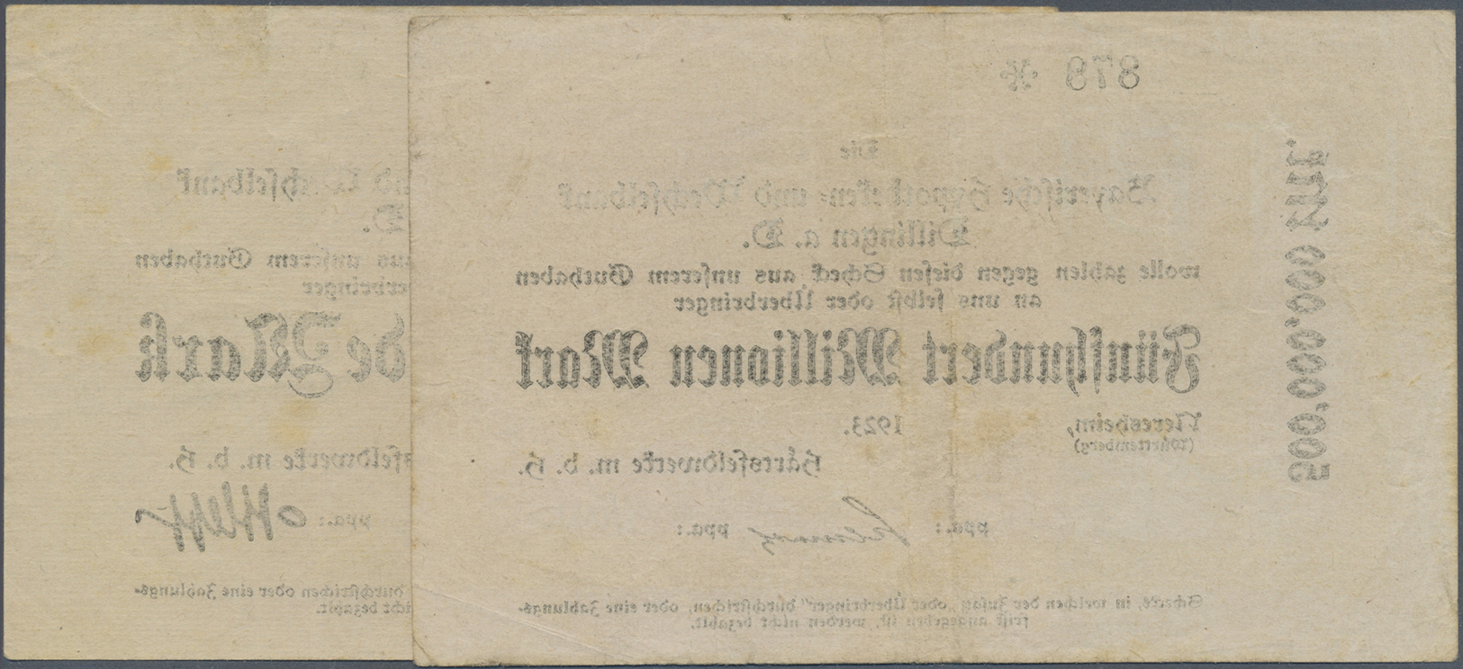 04312 Deutschland - Notgeld - Württemberg: Neresheim, Härtsfeldwerke, 500 Mio., 1 Mrd. Mark, 26.10. (gestempelt) 1923, S - [11] Emissions Locales