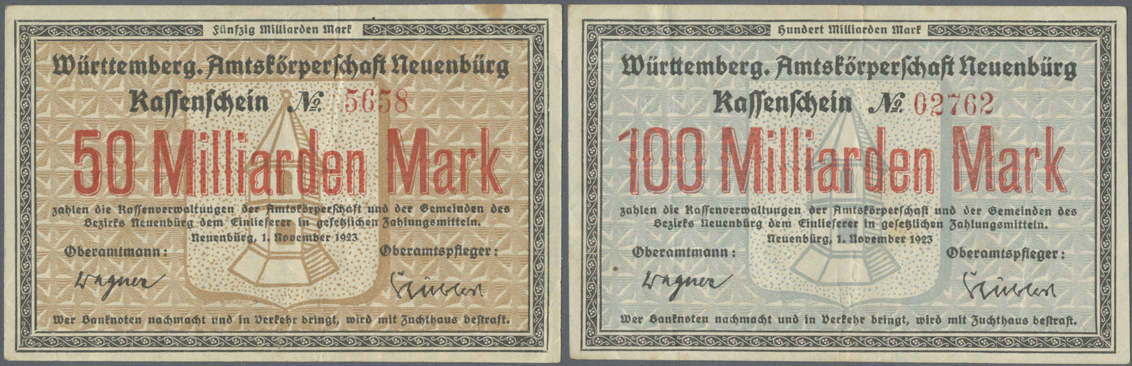 04314 Deutschland - Notgeld - Württemberg: Neuenbürg, Amtskörperschaft, 50, 100 Mrd. Mark, 1.11.1923, Erh. III, 2 Schein - [11] Emissions Locales