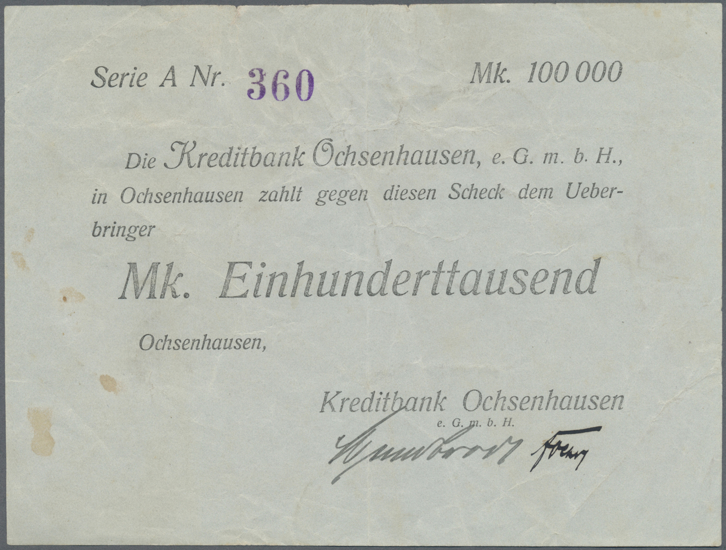 04323 Deutschland - Notgeld - Württemberg: Ochsenhausen, Kreditbank, 100 Tsd. Mark, O. D., Vollständig Gedruckter Eigens - [11] Emissions Locales