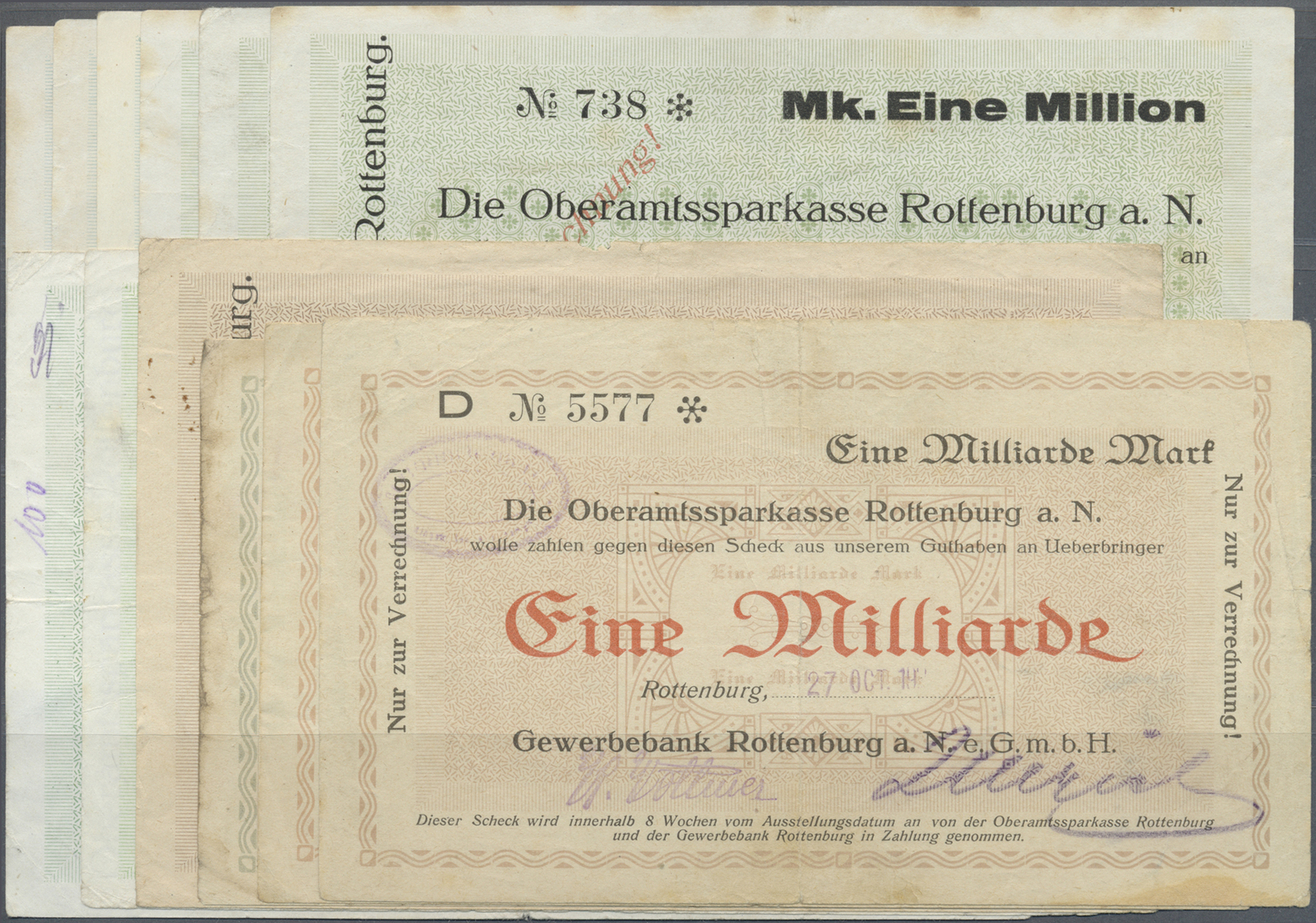 04331 Deutschland - Notgeld - Württemberg: Rottenburg, Gewerbebank, 100 Tsd. Mark, 7.8. (2), 17.8.1923; 1 Mio. Mark, 7.8 - [11] Emissions Locales