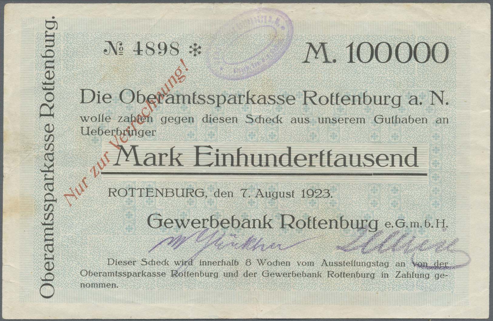 04331 Deutschland - Notgeld - Württemberg: Rottenburg, Gewerbebank, 100 Tsd. Mark, 7.8. (2), 17.8.1923; 1 Mio. Mark, 7.8 - [11] Emissions Locales