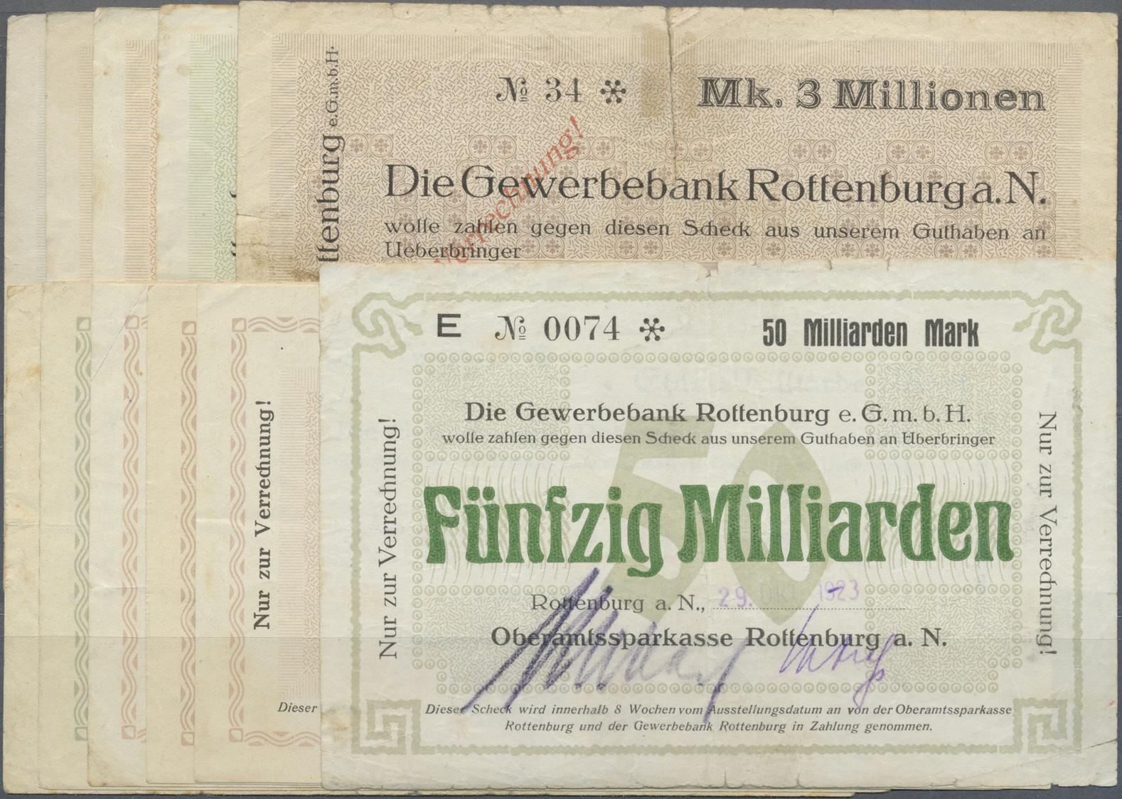 04332 Deutschland - Notgeld - Württemberg: Rottenburg, Oberamtssparkasse, 100, 500 Tsd. Mark, 7.8.1923; 500 Tsd. Mark, 1 - [11] Emissions Locales