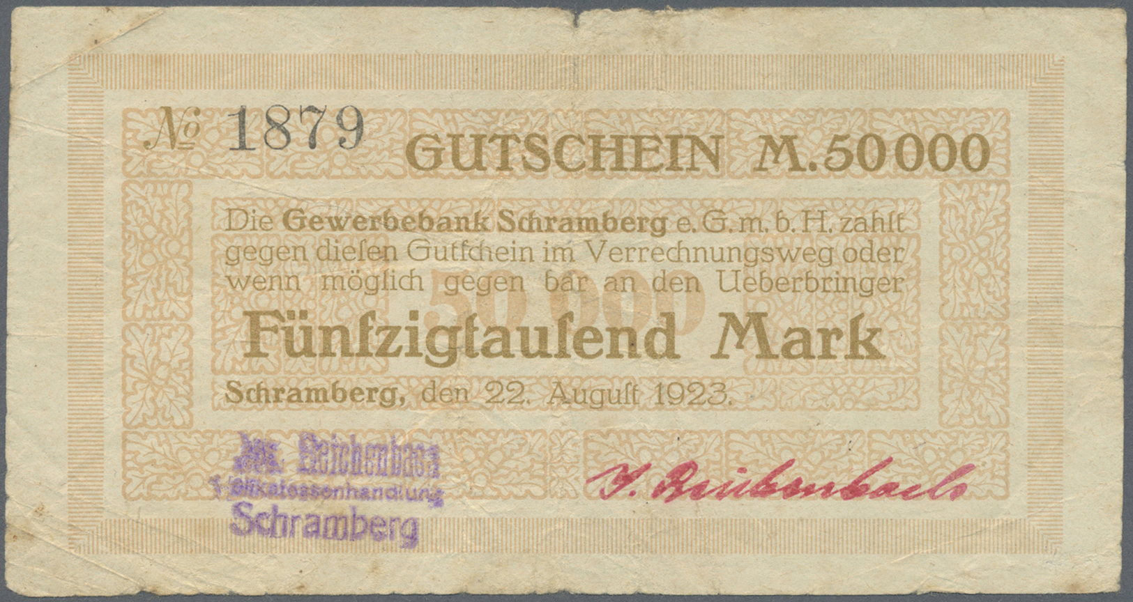 04336 Deutschland - Notgeld - Württemberg: Schramberg, Jos. Reichenbach, Delikatessenhandlung, 50 Tsd. Mark, 22.8.1923, - [11] Emissions Locales
