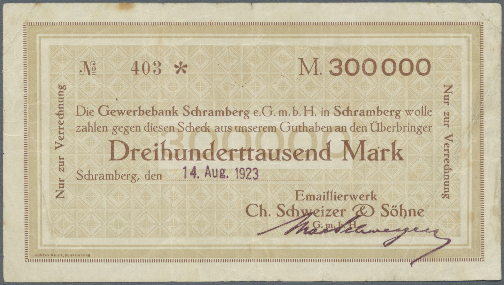 04339 Deutschland - Notgeld - Württemberg: Schramberg, Emaillierwerk Ch. Schweizer & Söhne GmbH, 300 Tsd. Mark, 14.8.192 - [11] Emissions Locales