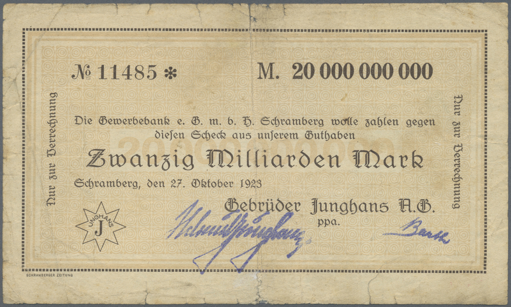 04344 Deutschland - Notgeld - Württemberg: Schramberg, Gebrüder Junghans AG, 20 Mrd. Mark, 27.10.1923, 2 Scheine, Scheck - [11] Emissions Locales