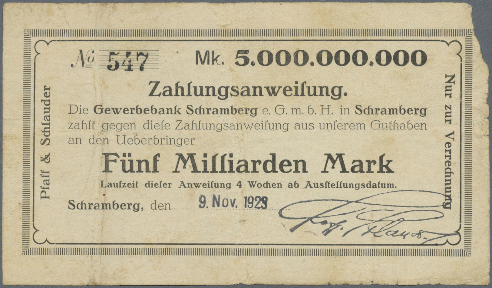 04347 Deutschland - Notgeld - Württemberg: Schramberg, Pfaff & Schlauder, 5 Mrd. Mark, 6.11., 9.11.1923 (Daten Gestempel - [11] Emissions Locales