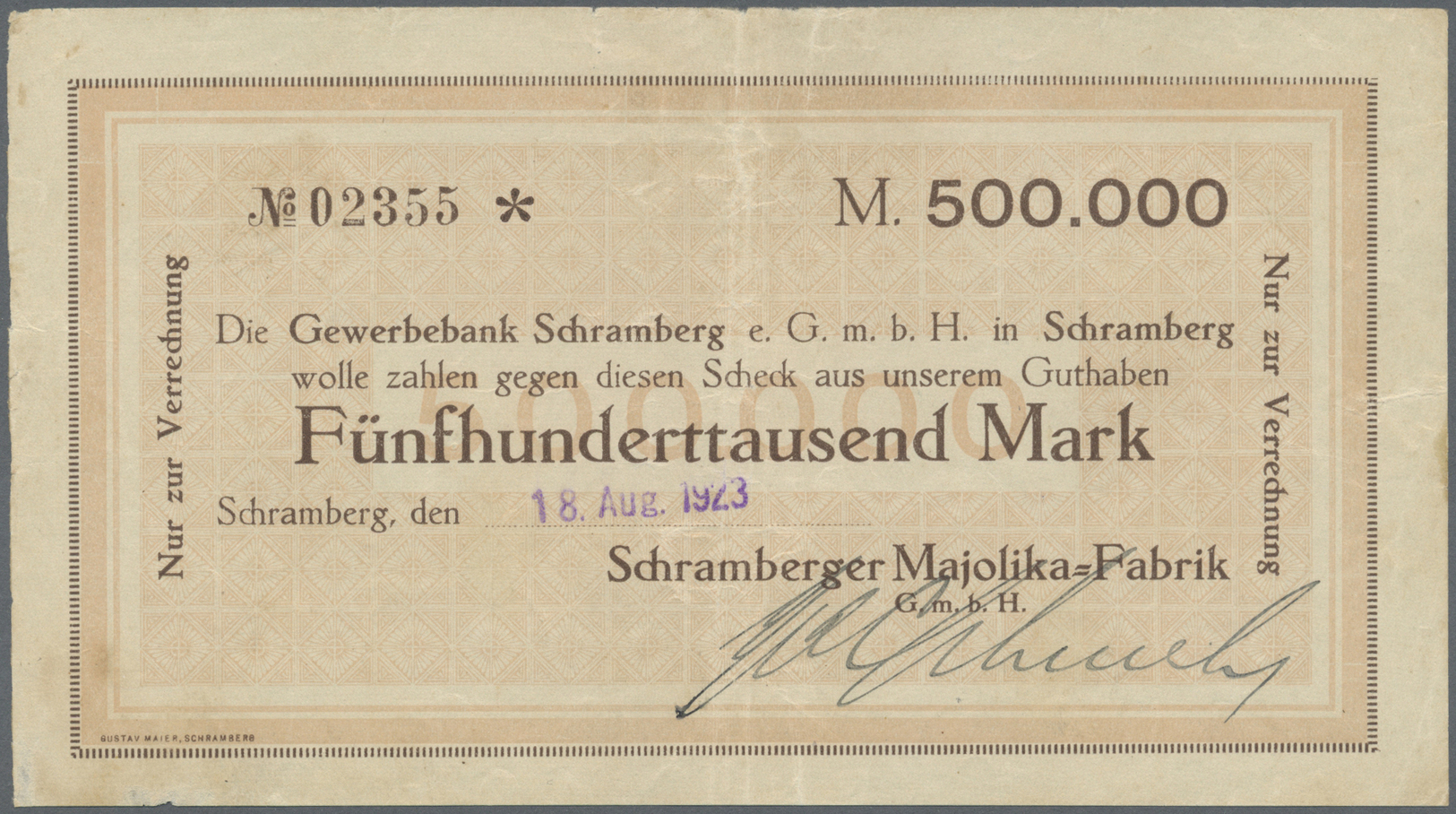 04348 Deutschland - Notgeld - Württemberg: Schramberg, Schramberger Majolika-Fabrik GmbH, 500 Tsd. Mark, 18.8.1923 (Datu - [11] Emissions Locales