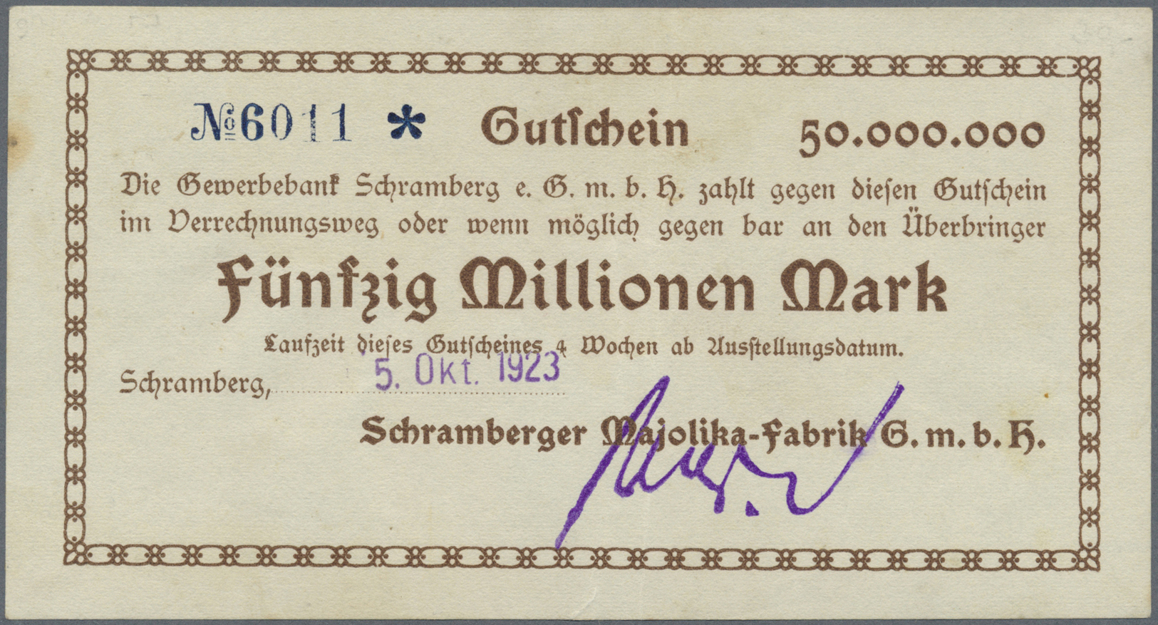 04349 Deutschland - Notgeld - Württemberg: Schramberg, Schramberger Majolika-Fabrik GmbH, 20 Mio. Mark, 28.9.1923; 50 Mi - [11] Emissions Locales