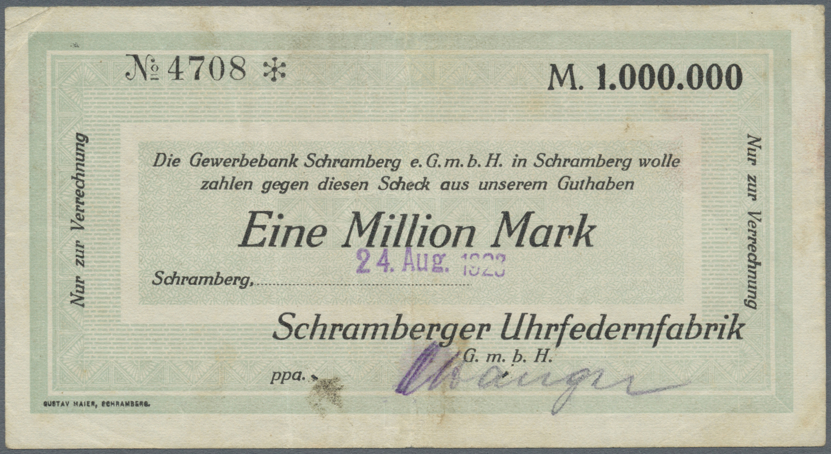 04351 Deutschland - Notgeld - Württemberg: Schramberg, Schramberger Uhrfedernfabrik GmbH, 1 Mio. Mark, 24.8.1923 (Datum - [11] Emissions Locales