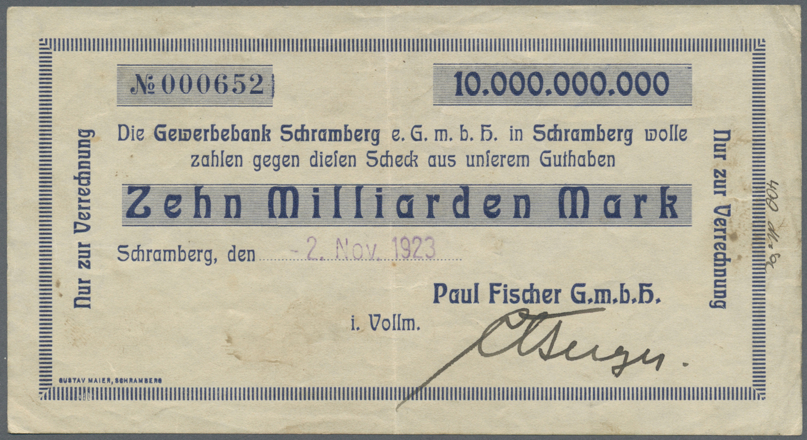 04353 Deutschland - Notgeld - Württemberg: Schramberg, Paul Fischer GmbH, 10 Mrd. Mark, 2.11.1923, Datum Gestempelt (nic - [11] Emissions Locales