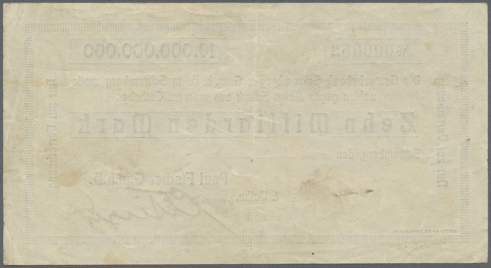 04353 Deutschland - Notgeld - Württemberg: Schramberg, Paul Fischer GmbH, 10 Mrd. Mark, 2.11.1923, Datum Gestempelt (nic - [11] Emissions Locales