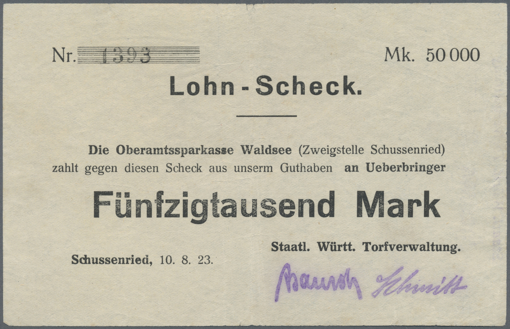 04356 Deutschland - Notgeld - Württemberg: Schussenried, Staatl. Württ. Torfverwaltung, 20, 50 Tsd. Mark, 10.8.1923, Sch - [11] Emissions Locales