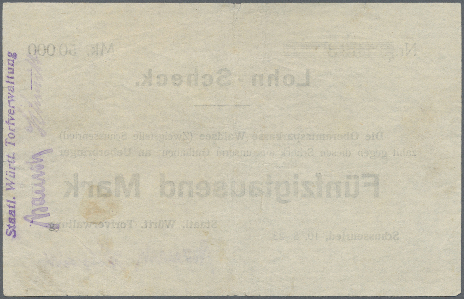 04356 Deutschland - Notgeld - Württemberg: Schussenried, Staatl. Württ. Torfverwaltung, 20, 50 Tsd. Mark, 10.8.1923, Sch - [11] Emissions Locales