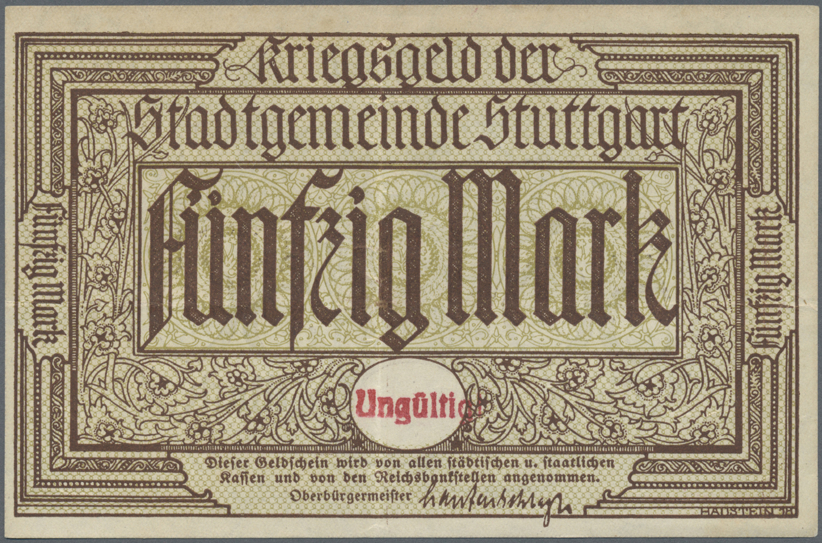 04363 Deutschland - Notgeld - Württemberg: Stuttgart, Stadt, 50 Mark, O. D. - 1.2.1919, Ohne KN Und Prägestempel, Mit Ro - [11] Emissions Locales