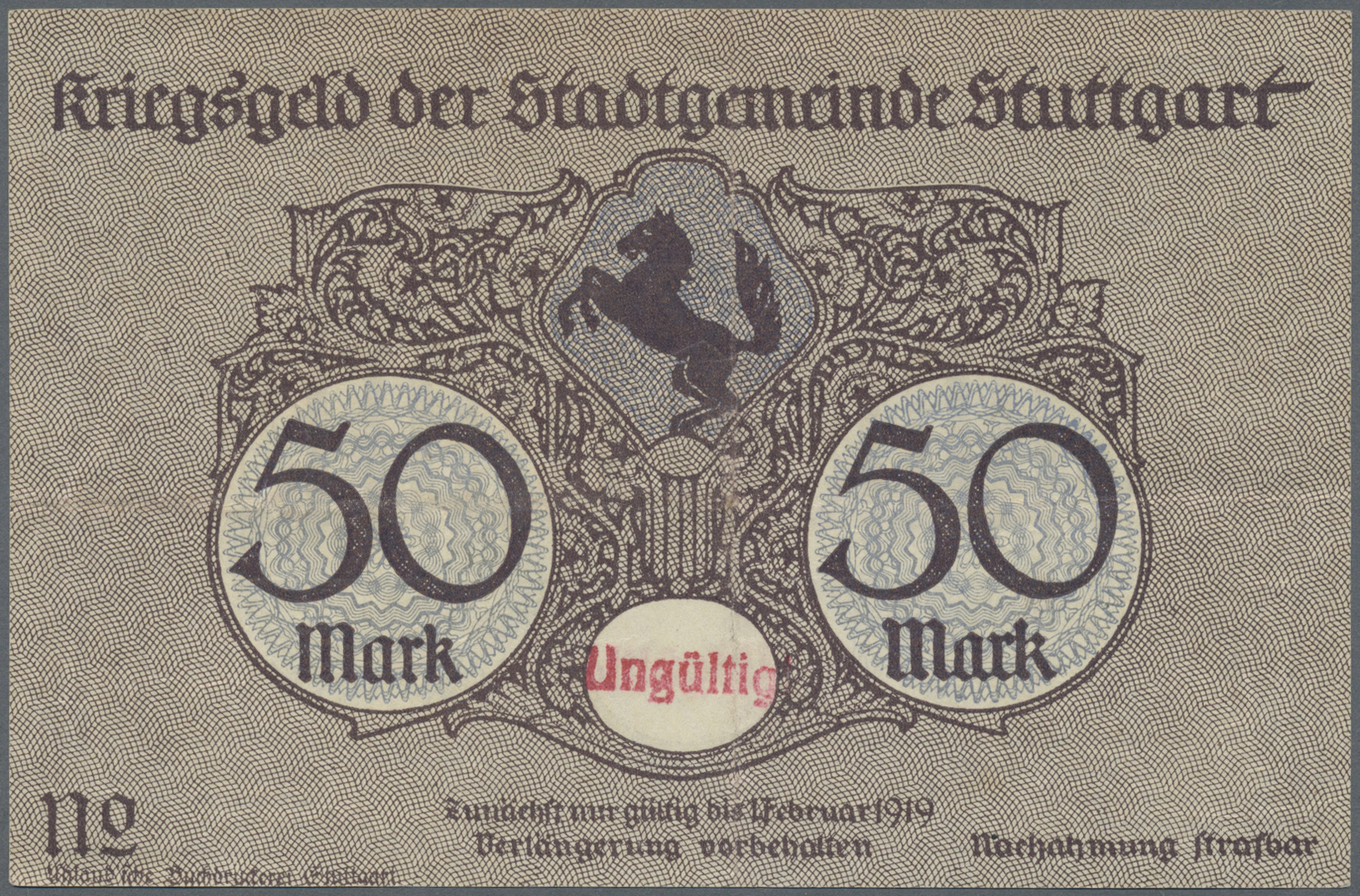 04363 Deutschland - Notgeld - Württemberg: Stuttgart, Stadt, 50 Mark, O. D. - 1.2.1919, Ohne KN Und Prägestempel, Mit Ro - [11] Emissions Locales