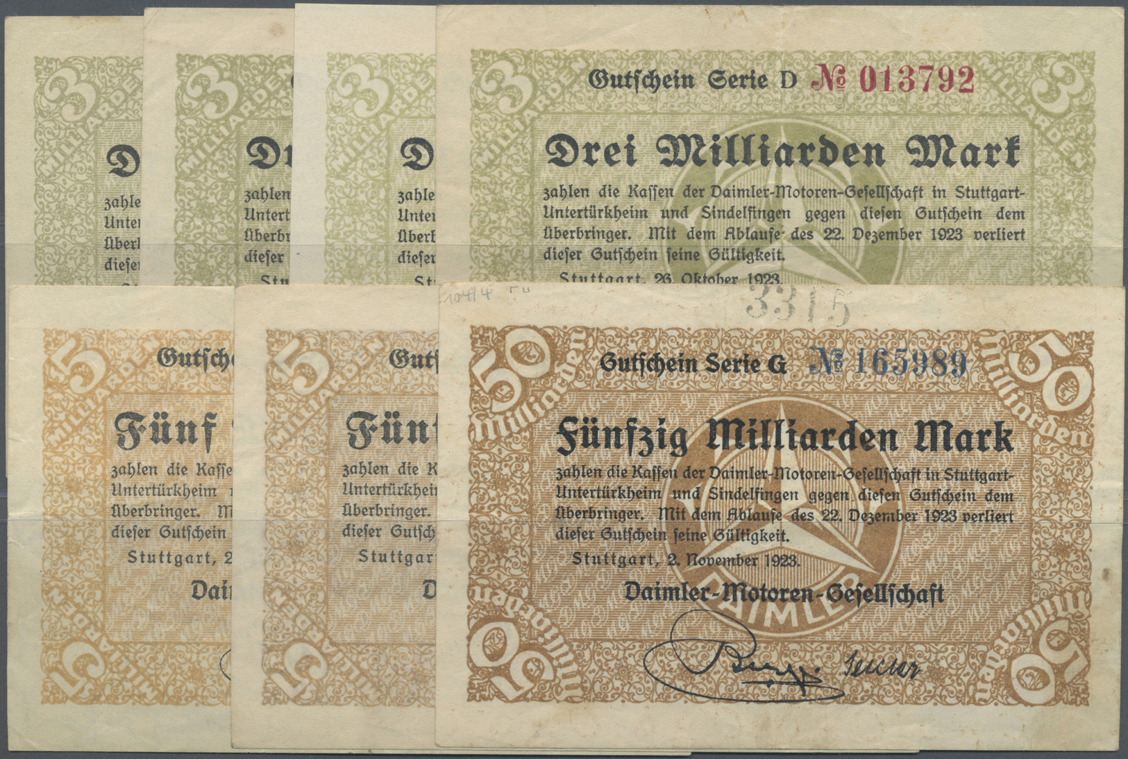 04364 Deutschland - Notgeld - Württemberg: Stuttgart, Daimler-Motoren-Gesellschaft, 3 Mrd. Mark, 26.10.1923, Serie A, B, - [11] Emissions Locales