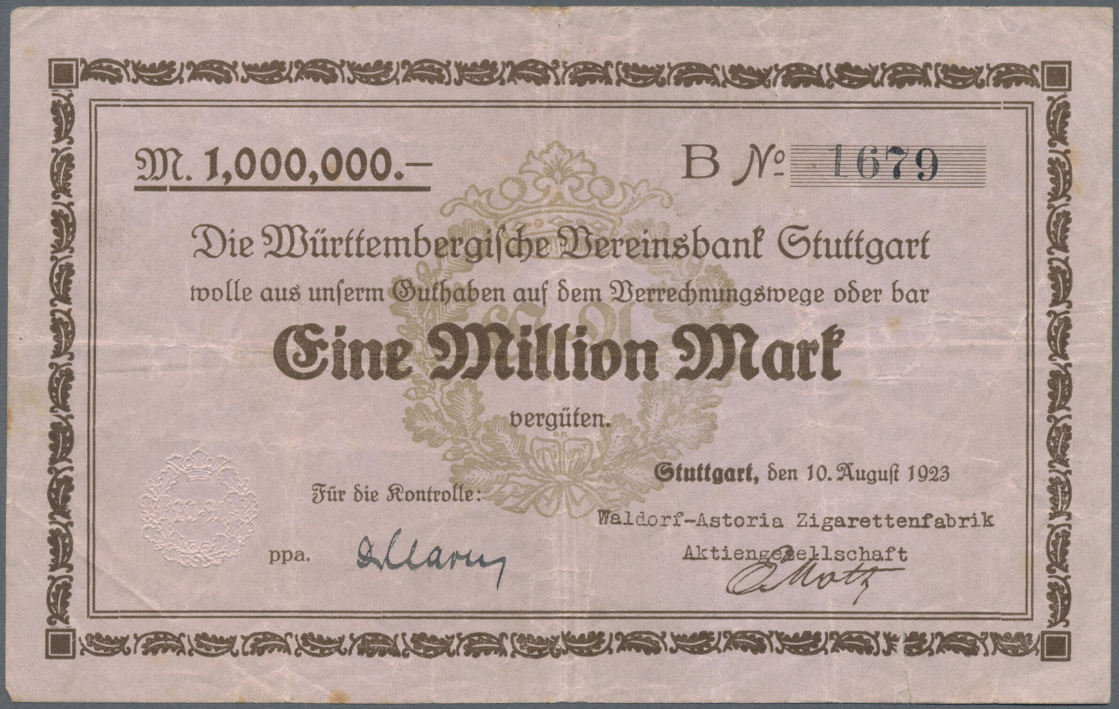 04366 Deutschland - Notgeld - Württemberg: Stuttgart, Waldorf-Astoria Zigarettenfabrik AG, 1 Mio. Mark, 10.8.1923, Reihe - [11] Emissions Locales