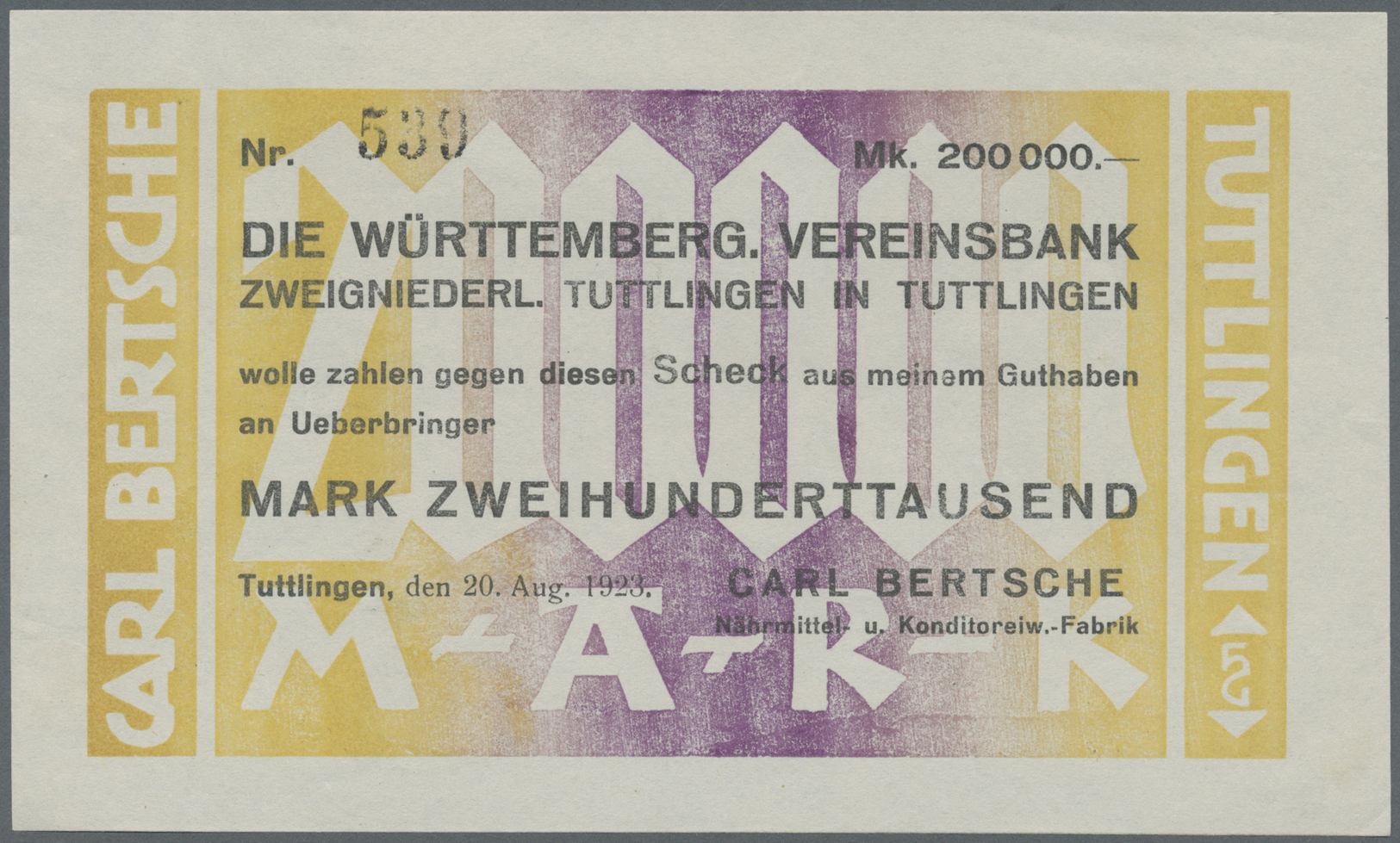 04368 Deutschland - Notgeld - Württemberg: Tuttlingen, Carl Bertsche, 200 Tsd. Mark, 20.8.1923, Scheck Auf Württ. Verein - [11] Emissions Locales