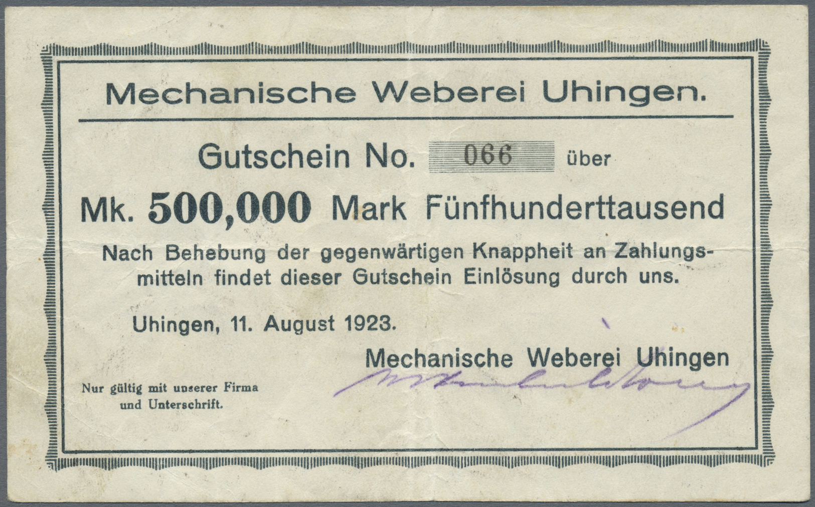 04371 Deutschland - Notgeld - Württemberg: Uhingen, Mechanische Weberei, 500 Tsd. Mark, 11.8.1923, Erh. III - [11] Emissions Locales