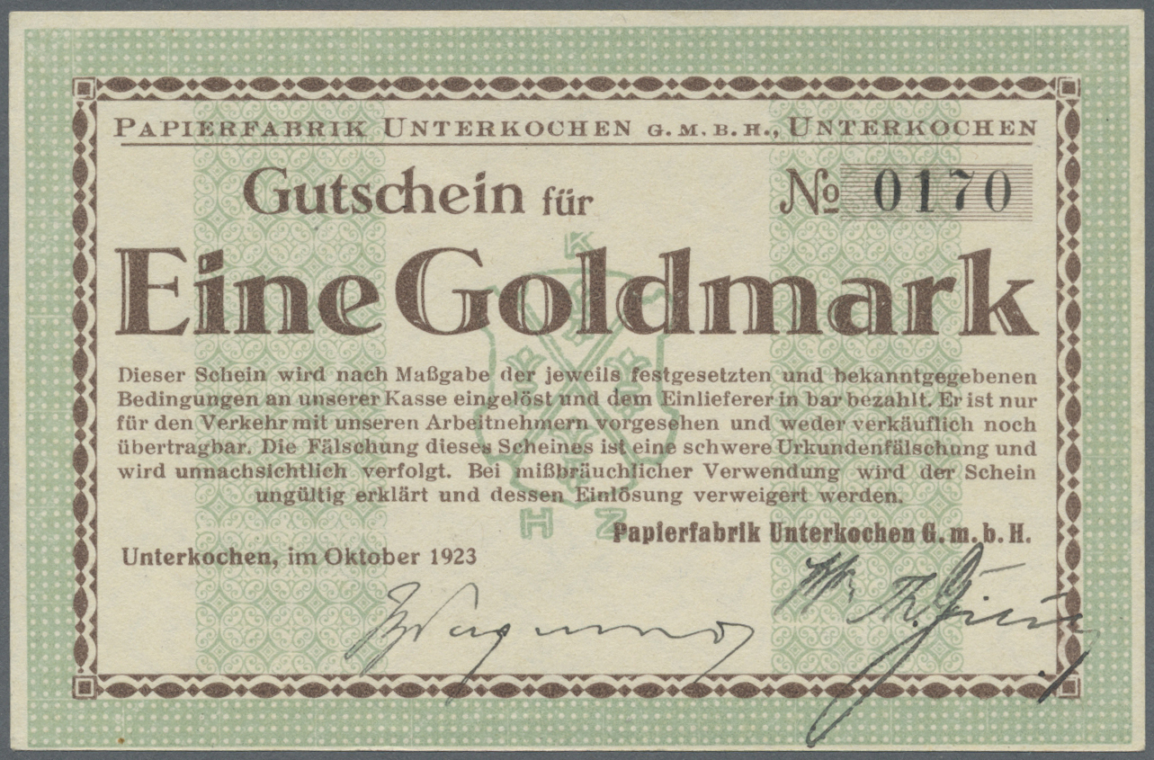 04373 Deutschland - Notgeld - Württemberg: Unterkochen, Papierfabrik GmbH, 1 Goldmark, Oktober 1923, Erh. I - [11] Emissions Locales