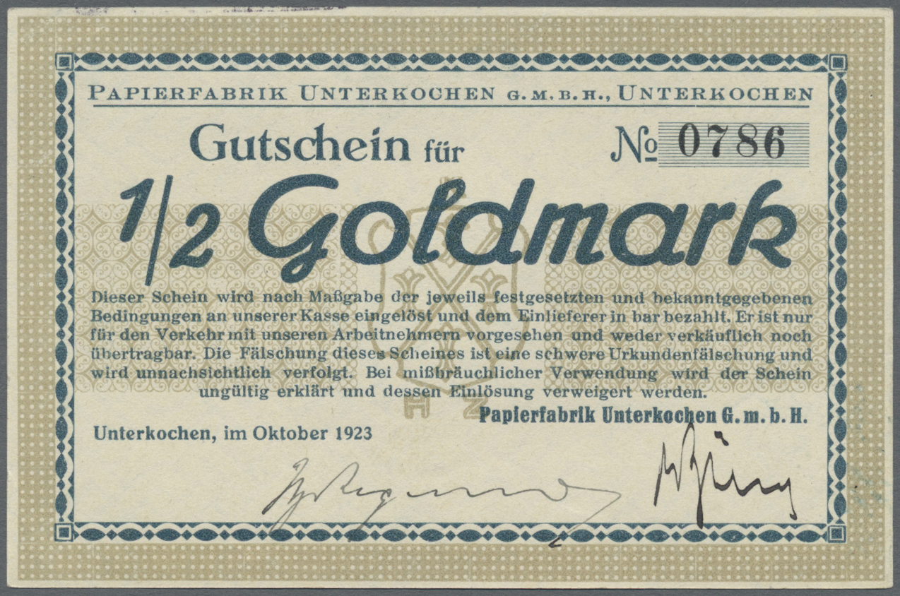 04374 Deutschland - Notgeld - Württemberg: Unterkochen, Papierfabrik GmbH, 1/2 Goldmark, Oktober 1923, Erh. I- - [11] Emissions Locales